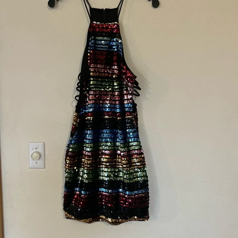 Privy Medium Sexy Party/Holiday Multicolor Sequin Striped Dress Side Cutouts